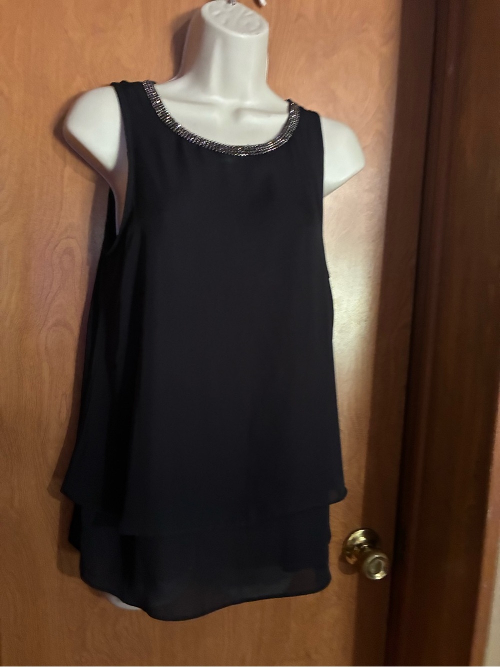 Sleeveless Black Beaded-Neck Layered Chiffon Top